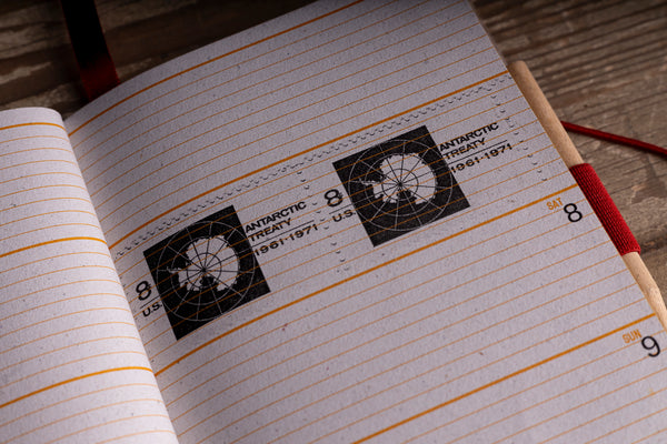 vintage-stamp-ephemera.jpg — Diary weekly page with vintage Antarctic Treaty stamps 