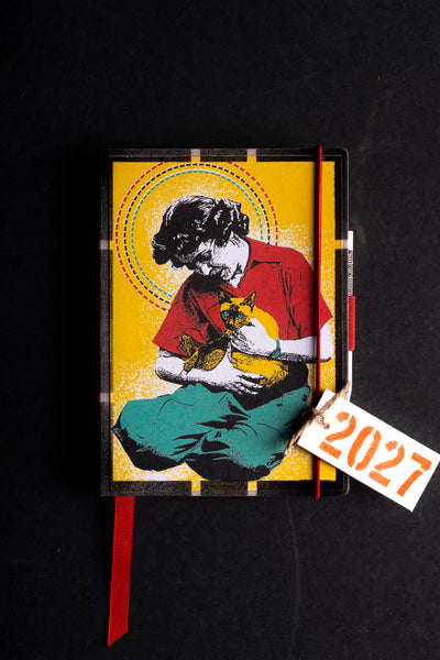 Deafmessanger "Woman with Cat on Lap" 2027 diary cover, black background