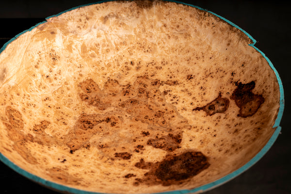  Evie maple burl bowl photographed in natural light highlighting its warm tones.
