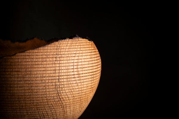 A close-up of a wall of a wooden bowl with  brown tones, shown against a solid black background.