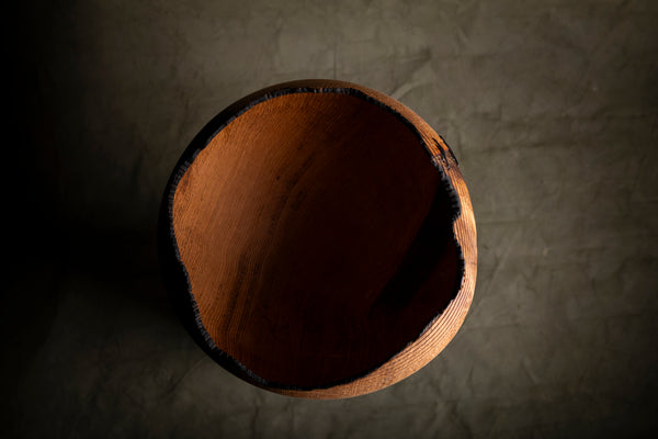 Top view of a hand turned bowl from red oak made in Prague on the lathe. 